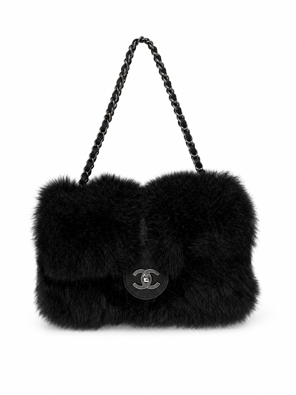 CHANEL BLACK FUR FLAP BAG