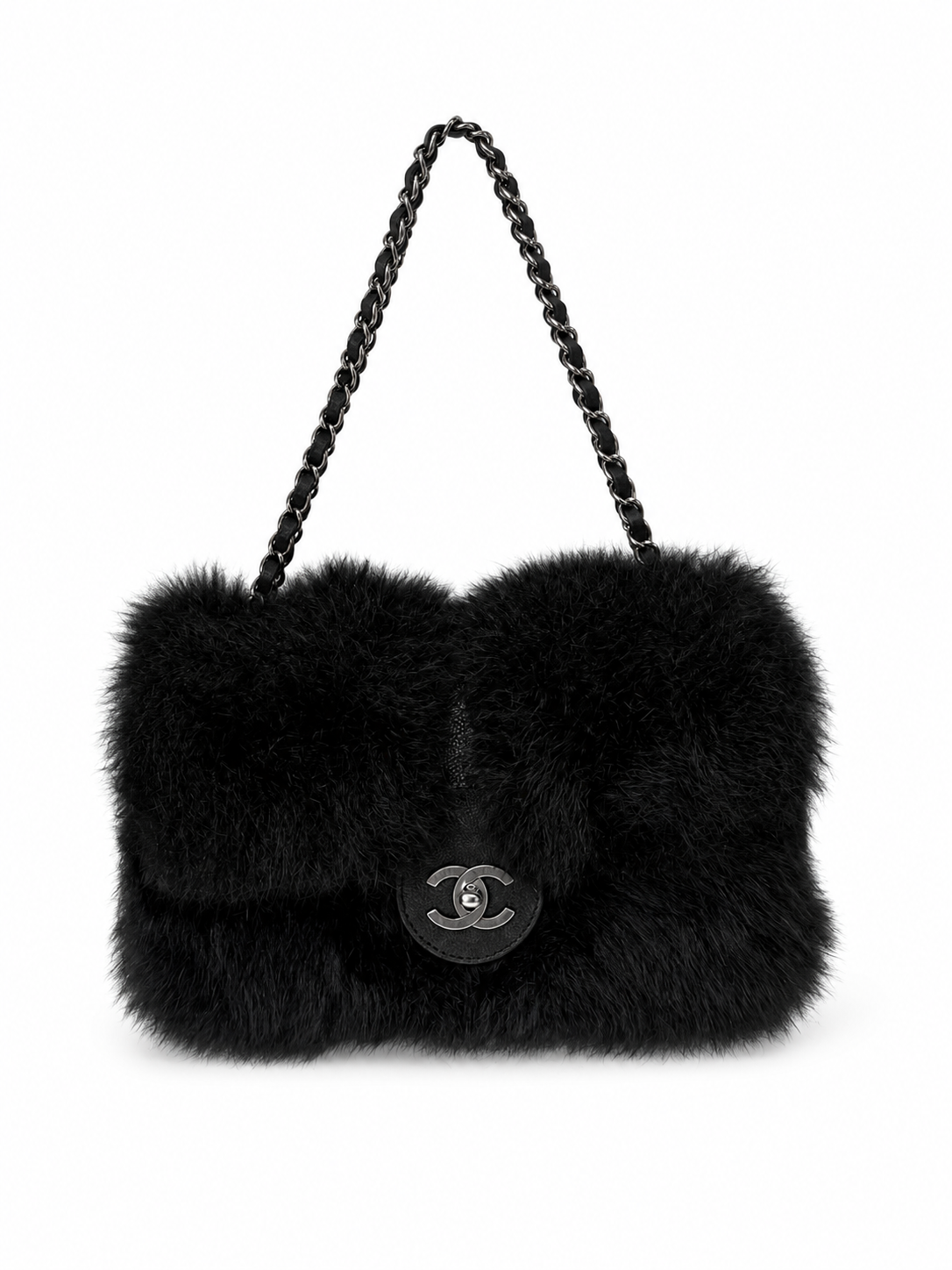 CHANEL BLACK FUR FLAP BAG