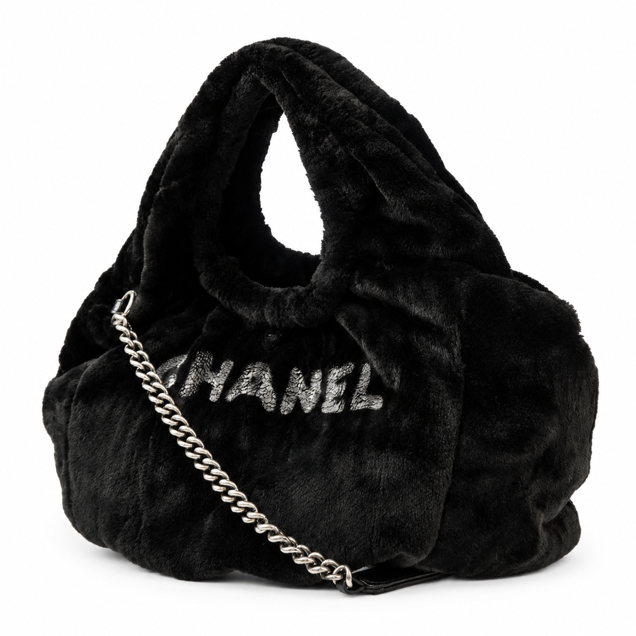 CHANEL BLACK FAUX FUR HOBO BAG