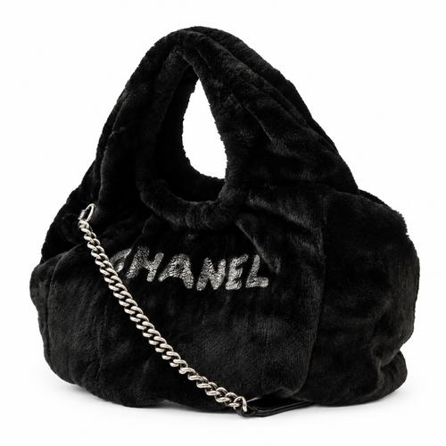 CHANEL BLACK FAUX FUR HOBO BAG