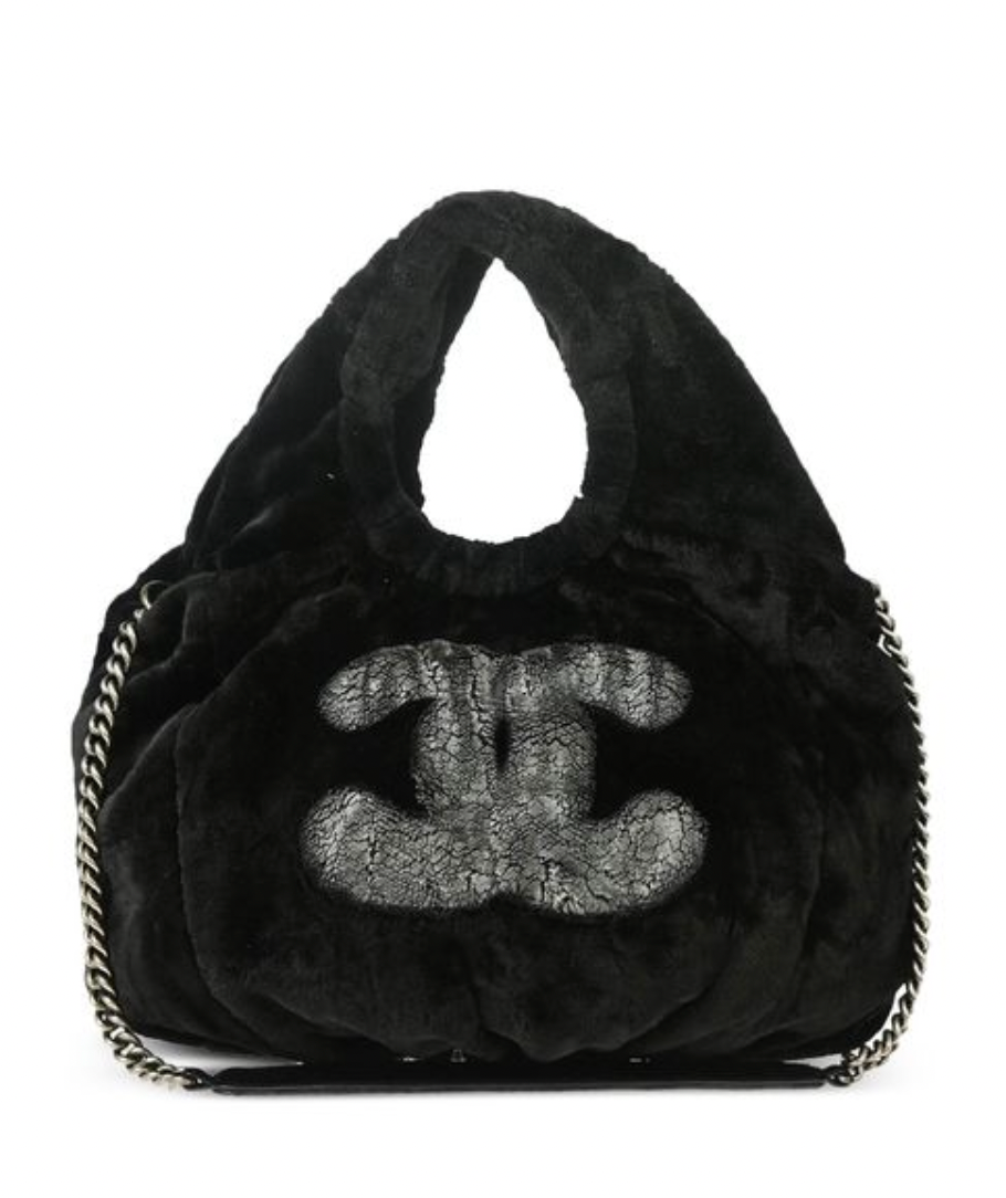 CHANEL BLACK FAUX FUR HOBO BAG
