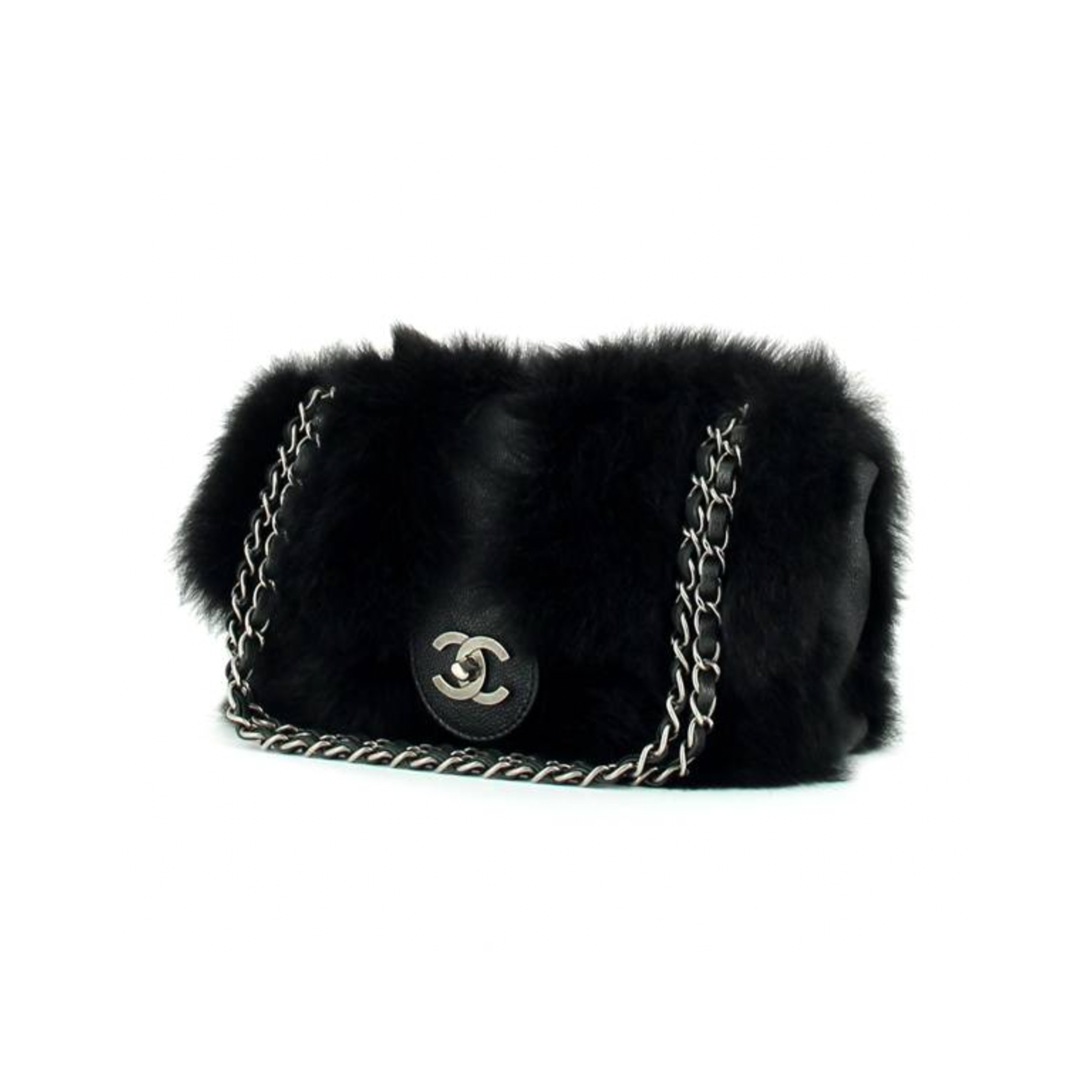 CHANEL BLACK FUR FLAP BAG